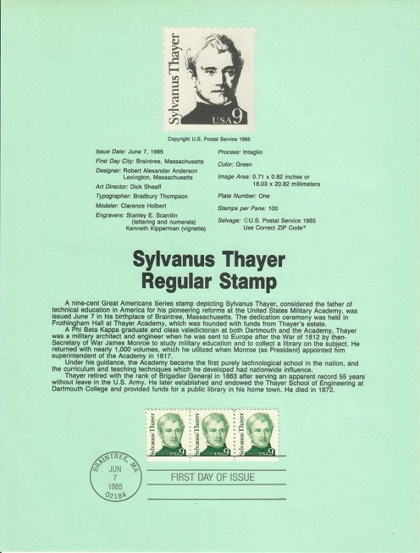 US SP511 Sylvanus Thayer Souvenir Page #1852