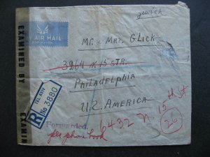 Palestine Israel WWII registered, censored, forwarded cover to USA