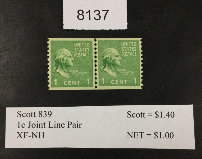 MOMEN: US STAMPS #839 JOINT LINE PAIR MINT OG NH LOT #8137