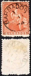 Barbados SG57 (4d) Dull Vermilion Wmk Small Star Perf 11-13 x 14.5-15.5 Cat 110