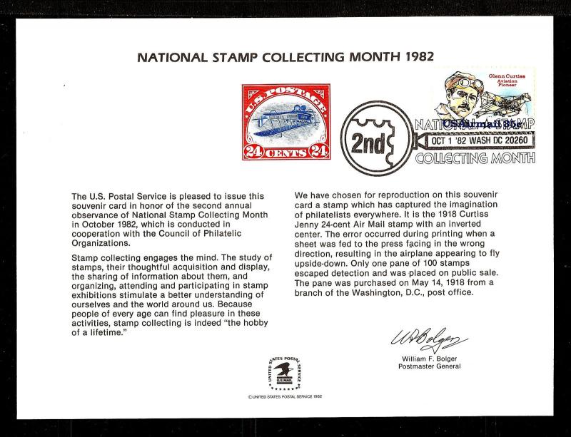 SOUVENIR CARD FIRST DAY National Stamp Collecting Month USPS FDOI FDC 1982