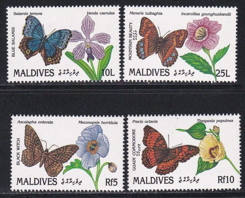 Maldive Islands # 1563-1564, 1568, 1570. Buterflies & Flowers, NH, 1/2 Cat.