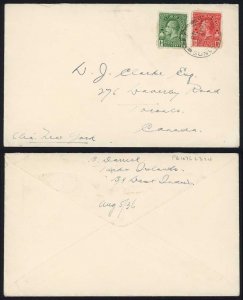 Turks and Caicos 1936 1/2d and 1 1/2d on Cover to Canada via New York