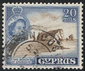 CYPRUS 1955 Sc 173 Used 20m  QE VF,  NICOSIA  postmark/cancel, Beach