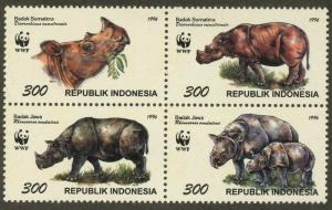 INDONESIA Sc#1673 1996 WWF Rhinoceros Block of 4 Complete Mint NH