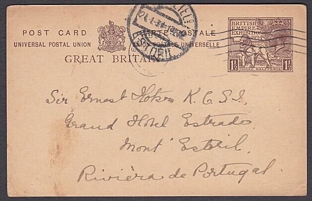 GB 1934 late use 1924 Wembley 1½d postcard Edinburgh to Portugal...........A1994 