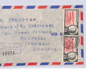 BARBADOS Air Mail Cover *REGISTRATION BRANCH* Registered GB Polperro 1962 ZV143