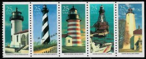 US Stamp - 1990 Lighthouses - 5 Stamp Booklet Pane, Scott #2474a