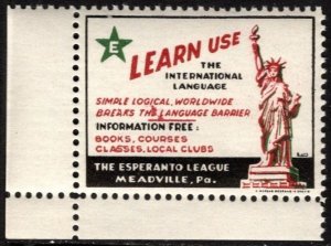 Vintage US Poster Stamp The Esperanto League Meadville, Pa. MNH