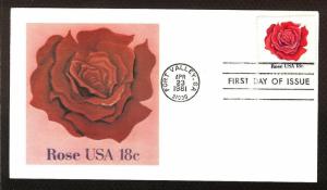 FIRST DAY COVER #1876 Flowers of America Rose 18c ANDREWS CACHET U/A FDC 1981