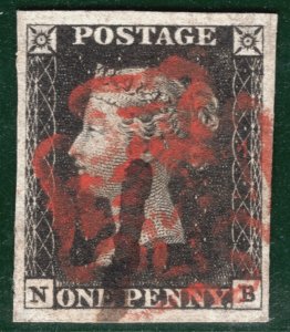 GB PENNY BLACK QV 1840 Stamp SG.2 1d Plate 1b (NB) Red MX & Pen Cancels! SBR56