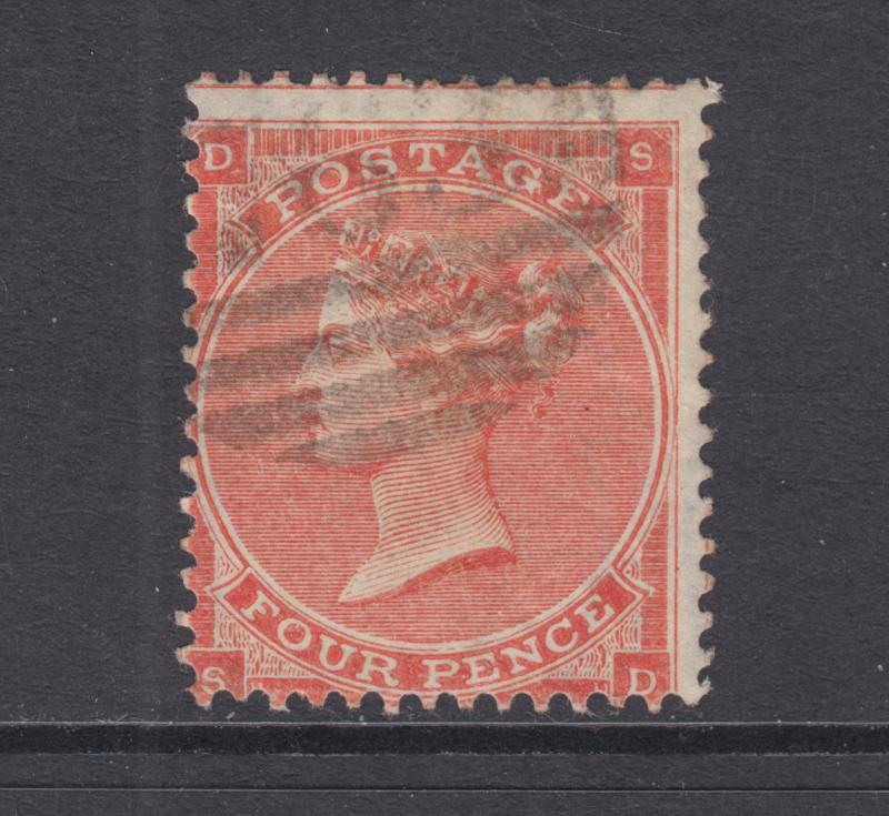 Great Britain Sc 34b used 1862 4p vermilion Queen Victoria, Plate 4, sound