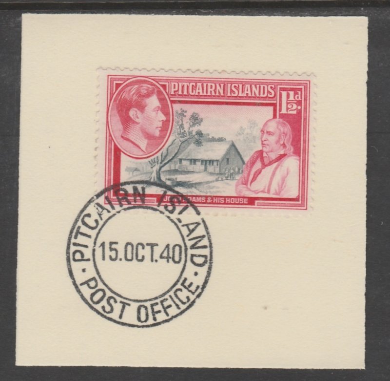 PITCAIRN ISLANDS 1940 KG6 PICTORIAL 1.5d on piece with MADAME JOSEPH  POSTMARK