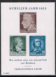 DDR,Sc.#243a used souvenir sheet,  Schiller-Year-1955