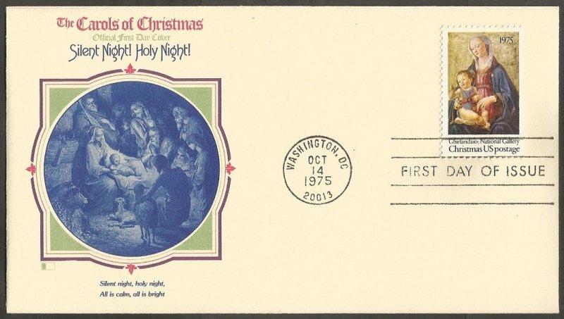 US FDC.CAROLS.1975 CHRISTMAS STAMP-GHIRLANDAIO.SILENT NIGHT! HOLY NIGHT!