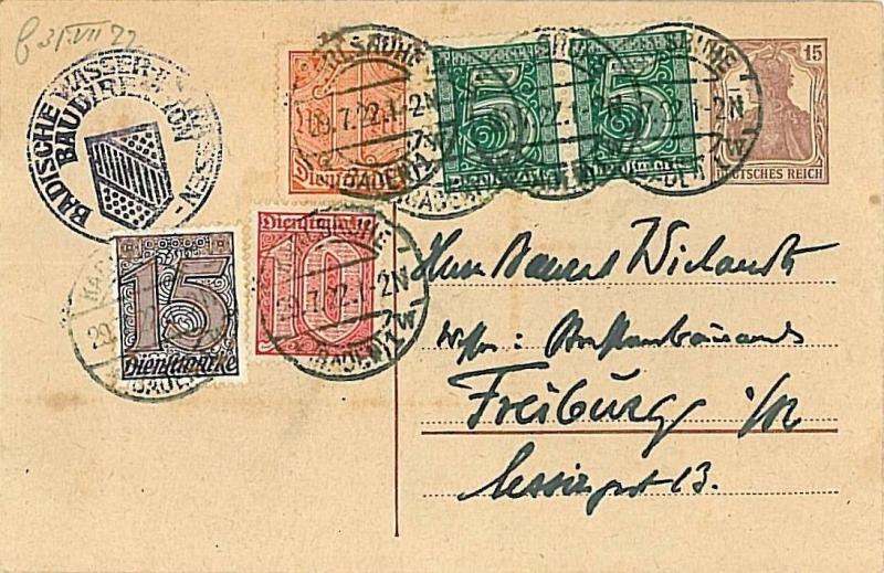 GERMANY REICH: POSTAL HISTORY: POSTAL STATIONERY with SERVICE stamps 1922