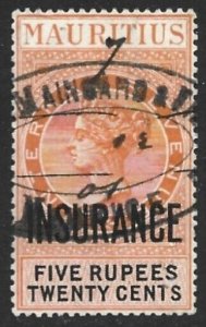 Mauritius 1879 Insurance Revenue 5R20 Orange & Black #36 Fine Used CV £5.00-