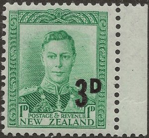 New Zealand 1952 KGVI 3d on 1d Mint MNH on Margin SG 713