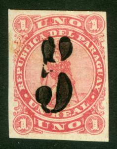 PARAGUAY 1878 LION - BLACK SURCHARGE handstamp  5c /1r rose Scott # 4 mint MH