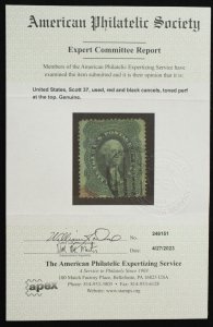 U.S. Used Stamp Scott #37 24c Washington. APS Cert: Genuine (Trivial Toned Perf)