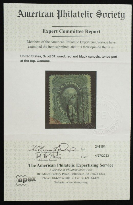 U.S. Used Stamp Scott #37 24c Washington. APS Cert: Genuine (Trivial Toned Perf)