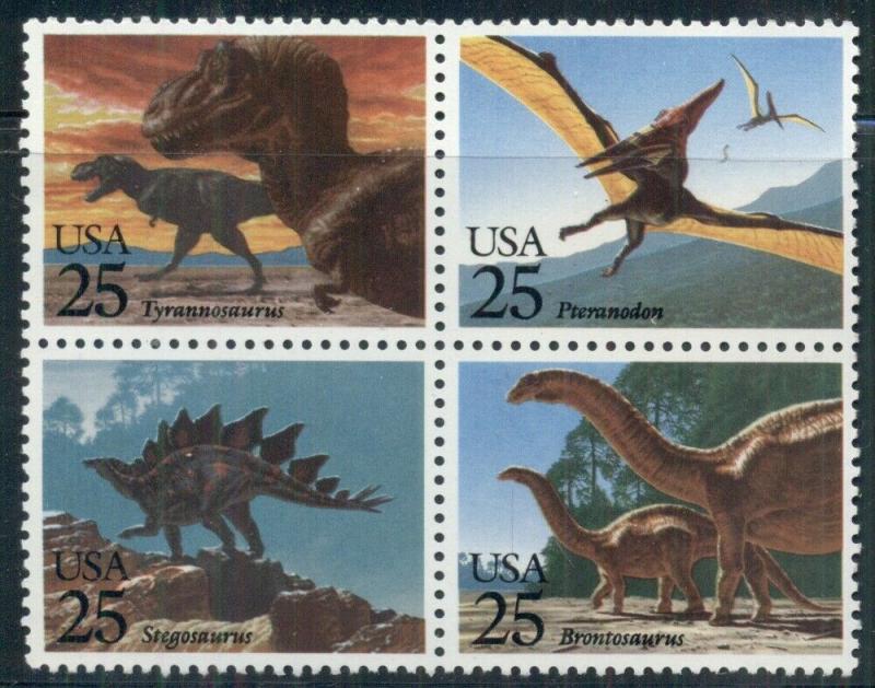 #2422-5 25¢ PREHISTORIC ANIMALS 100, BLKS OF 4, STAMPS, SPICE UP YOUR MAILINGS!