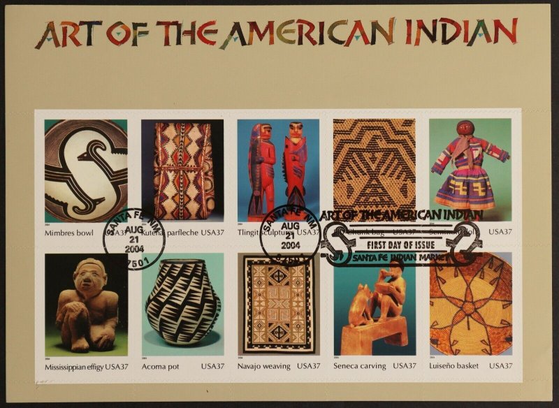 U.S. Used #3873 37c American Indian Art. Complete Sheet of 10. First Day Cancel.