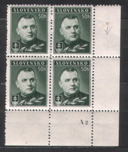 Slovakia 1939 Sc#43 Tiso Plate A2 without date Block of 4...