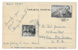 Toledo, Alcantara Bridge, Spain Postcard, Mailed Madrid 1954, Scott C115, 699b