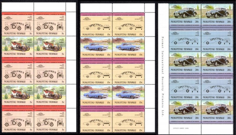 Tuvalu Nukufetau Sc# 1,4,5 MNH Blocks/10 SPECIMEN 1984-1985 5c-20c Automobiles