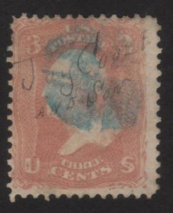 1861 US, 3c stamp, Used, George Washington, Sc 65, Blue cancel