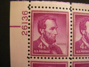 Scott 1036a, 4c Abraham Lincoln, PB4 #26136 x4, Matched Set, MNH Liberty Beauty