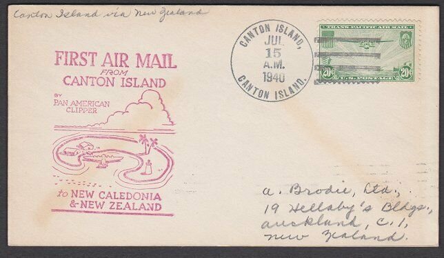 GILBERT & ELLICE IS US PO 1940 first flight cover Canton Is to NZ...........Q496