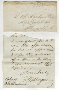 CIVIL WAR FREE FRANK EDWIN D MORGAN (Gen., Senator, Gov. NY) TO JB STONEHOUSE