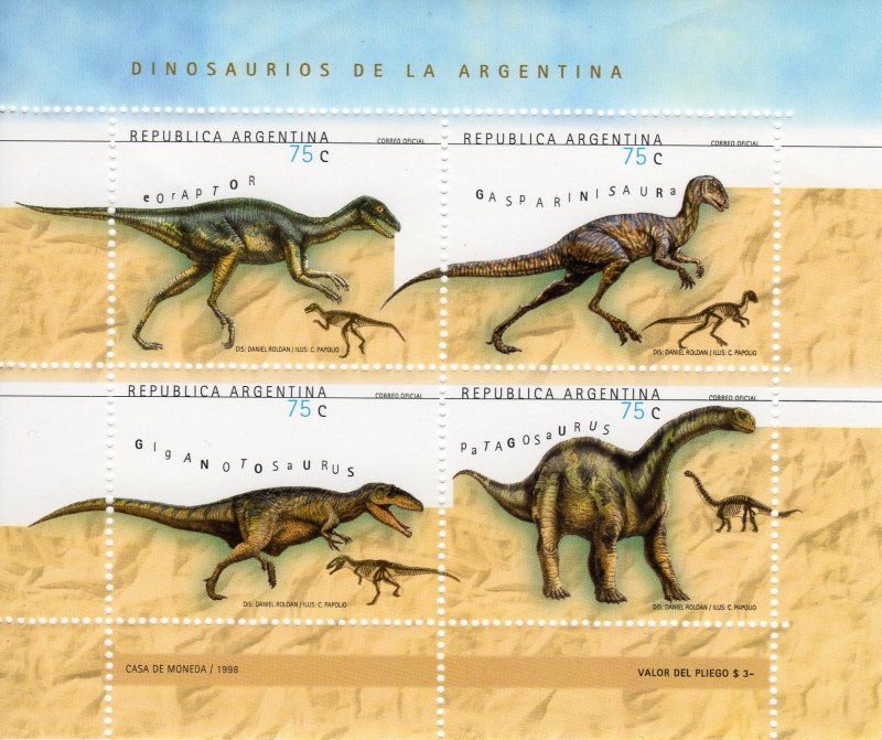 ARGENTINA 1998 Sc#2032 DINOSAURS OF ARGENTINA Sheetlet (4) MNH