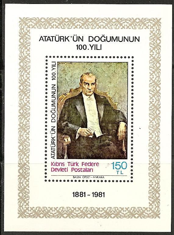 Turkey-Cyprus 100 MNH 1981 Ataturk, Birth Cent. Sov. Sheet