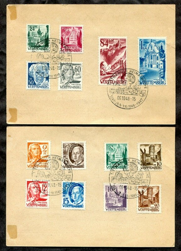 p695 - GERMANY French Occupation WURTTEMBERG 1948 Set of 14 on Two Postal Cards