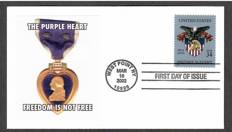 US # 3560 West Point Anniversary w/ The Purple Heart Cachet FDC - I Combine S/H