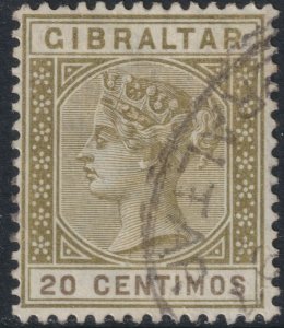 Gibraltar Sc# 31 Queen Victoria QV 20 Centimos1895 issue used CV $100.00 Stk #3