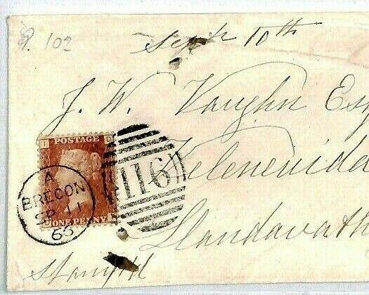 CS335 GB WALES Cover 1866 Superb *Brecon* Duplex Penny Red Plate 102 {samwells}