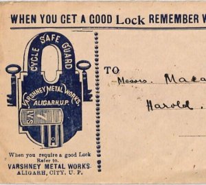 INDIA KGV Illustrated *KEYS* Advert Cover METAL LOCK Aligarh 1930s USA PJ235