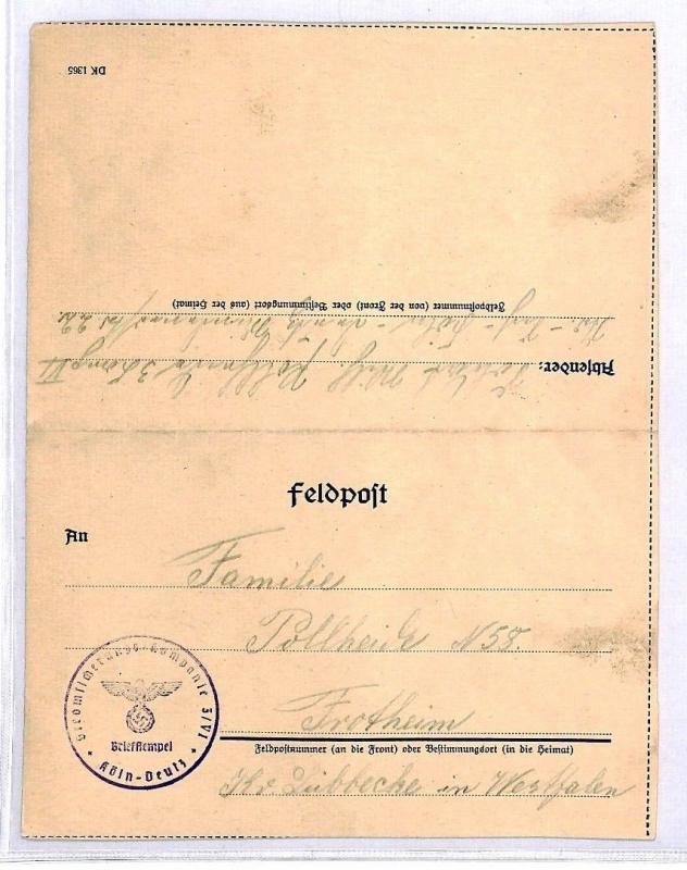 Germany *KOLN* WW2 Military Cover & Original Letter Contents 1942 CQ279