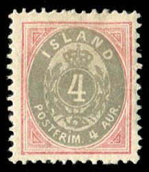 Iceland #23 Cat$21, 1899 4a rose and gray, hinge remnant