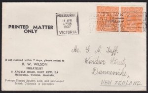 AUSTRALIA 1937 Stamp dealer cover Melbourne to NZ - pair GV ½d.............B2464