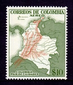 COLOMBIA — SCOTT C253 — 1954 10p MAP OF COLOMBIA AIRMAIL — MNH — SCV $20