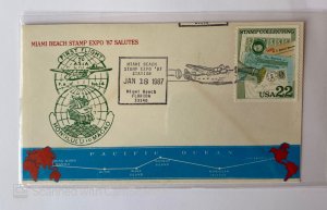 US FDC , MIAMI BEACH STAMP EXPO 87' SALUTES FIREST FLIGHT TO ASIA HONOLULU TO...