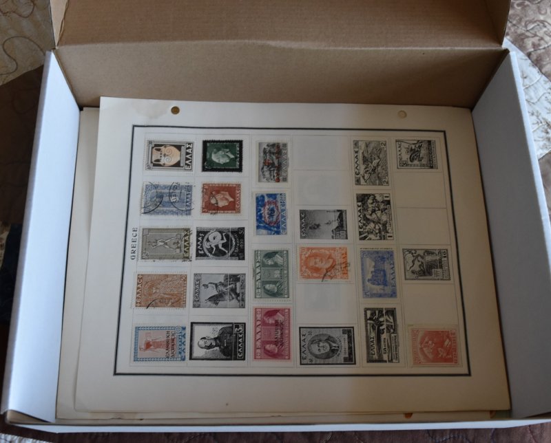 Boxed Lot of Remnant Album Pages, Stamps, Old Department Store Sets & More