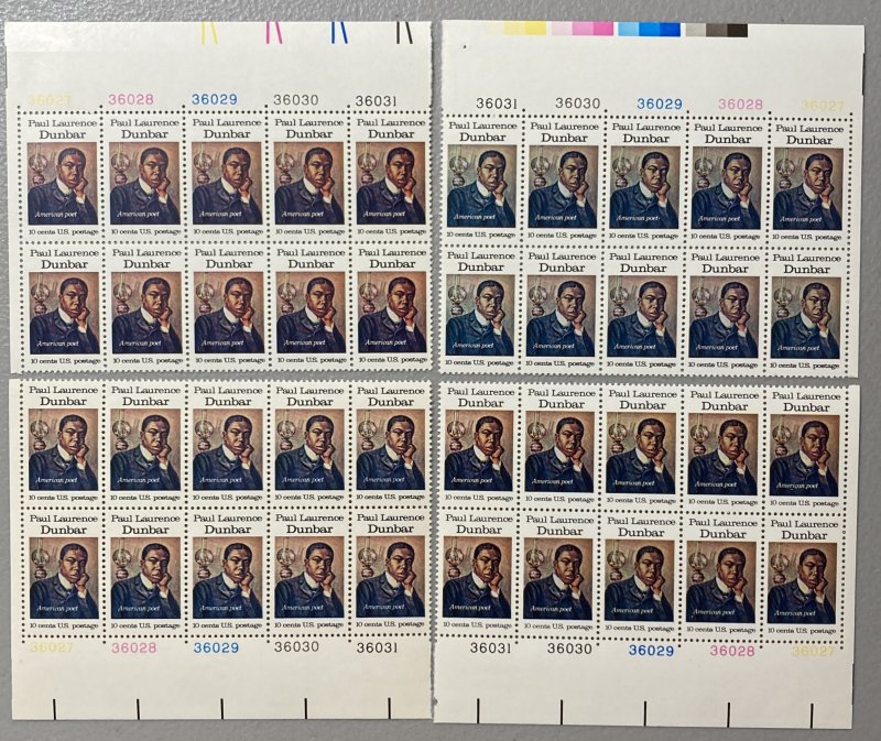 U.S. 1975 #1554 PB 10, 4 Positions, Paul Dunbar, MNH(selvage bend).