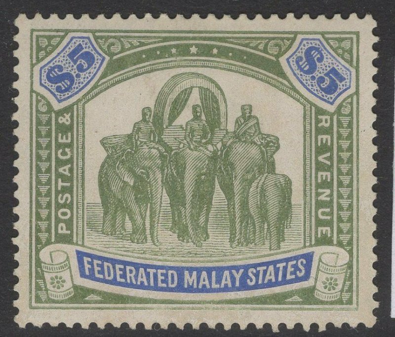 MALAYA FMS SG80 1925 $5 GREEN & BLUE MTD MINT 