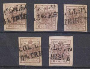 AUSTRIA 1854 MARITIME TPO CANCELS Sc 4b (5x) COL LLOYD DA TRIESTE S/L F,VF 